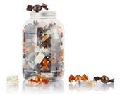 Chokoladekugler i mørkebrun, lysebrun, orange, fransk nougat & karamelmix i plastbøtte 1,7 kg